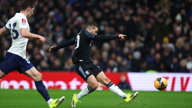 Emi Buendia of Aston Villa scores his team's first goal during the Emirates FA Cup Third Round match between Tottenham Hotspur and Aston Villa at Tottenham Hotspur Stadium on January 10, 2026 in London, England. (Photo by Clive Rose/Getty Images)