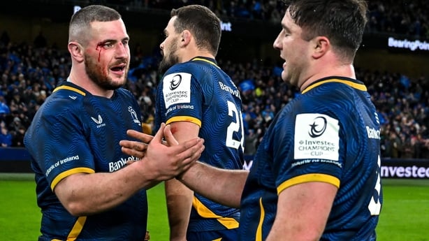 10 January 2026; Jerry Cahir, left, and Thomas Clarkson of Leinster celebrate after the Investec Champions Cup match between Leinster and La Rochelle at the Aviva Stadium in Dublin. Photo by Brendan Moran/Sportsfile