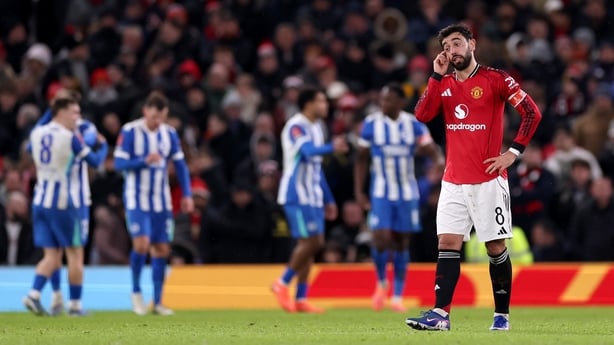 Bruno Fernandes of Manchester United looks dejected after Danny Welbeck (not pictured) of Brighton & Hove Albion scores his team's second goal during the Emirates FA Cup Third Round match between Manchester United and Brighton & Hove Albion at Old Trafford on January 11, 2026 in Manchester, England.