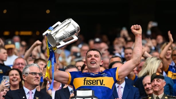Ronan Maher of Tipperary lifts the Liam MacCarthy Cup after his side's victory in the GAA Hurling All-Ireland Senior Championship final match between Cork and Tipperary at Croke Park in Dublin.