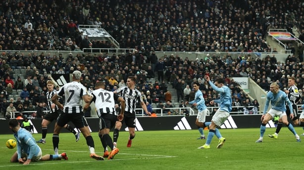 Rayan Cherki of Manchester City scores his team's second goal during the Carabao Cup Semi Final First Leg match between Newcastle United and Manchester City at St James' Park on January 13, 2026 in Newcastle upon Tyne, England. 