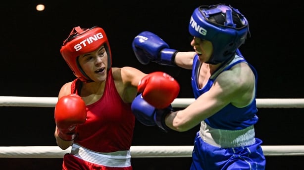 Daina Moorehouse of Enniskerry, Wicklow, left, and Shannon Sweeney of St Annes, Mayo, during their 51kg semi-final bout on day three of the 2026 National Elite Boxing Championships at the National Boxing Stadium in Dublin. 