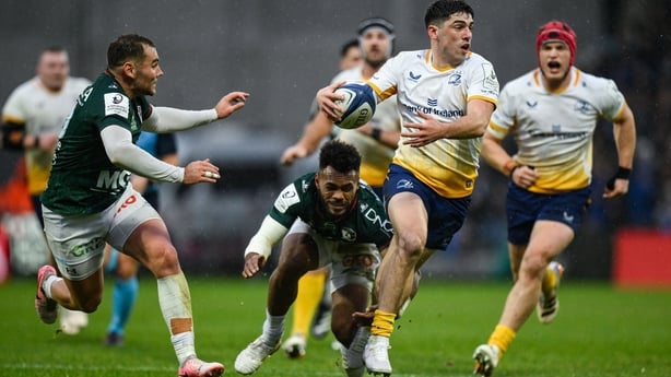 17 January 2026; Jimmy O'Brien of Leinster makes a break during the Investec Champions Cup match between Bayonne and Leinster at the Stade Jean Dauger in Bayonne, France. Photo by Brendan Moran/Sportsfile