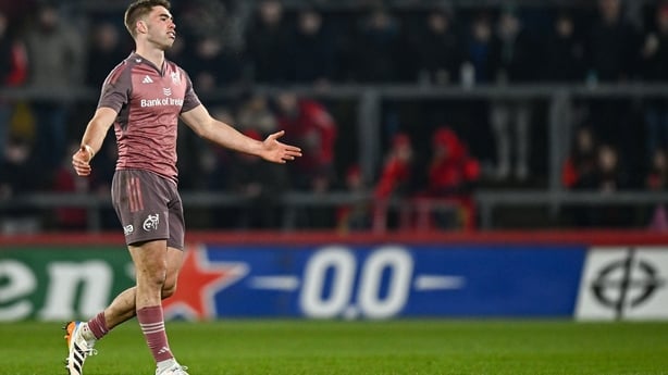 17 January 2026; Jack Crowley of Munster reactas during the Investec Champions Cup match between Munster and Castres Olympique at Thomond Park in Limerick. Photo by Seb Daly/Sportsfile