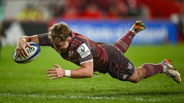 17 January 2026; Craig Casey of Munster scores his side's first try during the Investec Champions Cup match between Munster and Castres Olympique at Thomond Park in Limerick. Photo by Seb Daly/Sportsfile