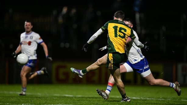 Shea Malone of Donegal scores his side's first goal during the Bank of Ireland Dr McKenna Cup final match between Donegal and Monaghan at O'Neills Healy Park in Omagh, Tyrone
