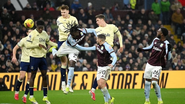 Jake O'Brien of Everton scores a goal which is later disallowed after a VAR review during the Premier League match between Aston Villa and Everton at Villa Park on January 18, 2026 in Birmingham, England. 