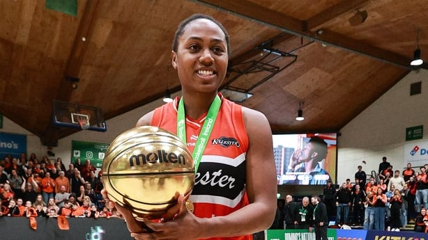 Sam Haiby of Killester with her most valuable player award after the Domino's WSL National Cup final match between Killester and FloMAX Liffey Celtics at the National Basketball Arena in Tallaght, Dublin.