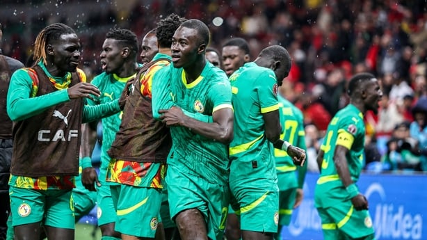 Senegal's Pape Alassane Gueye celebrates his goal with team mates during the Africa Cup Of Nations Final match between Senegal and Morocco at Prince Moulay Abdellah Stadium on January 18, 2026 in Rabat, Morocco. 
