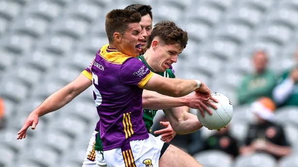 Darragh McGurn of Fermanagh in action against Eoin Porter and Eoghan Nolan of Wexford during the Tailteann Cup match between Fermanagh and Wexford at Croke Park in Dublin. Photo by Ray McManus/Sportsfile