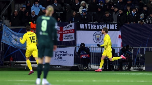 Kasper Hogh of Bodo/Glimt celebrates scoring his team's first goal during the UEFA Champions League 2025/26 League Phase MD7 match between FK Bodo/Glimt and Manchester City at Aspmyra Stadion on January 20, 2026 in Bodo, Norway.