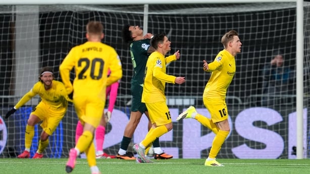 Jens Petter Hauge of Bodo/Glimt celebrates scoring his team's third goal during the UEFA Champions League 2025/26 League Phase MD7 match between FK Bodo/Glimt and Manchester City at Aspmyra Stadion on January 20, 2026 in Bodo, Norway.