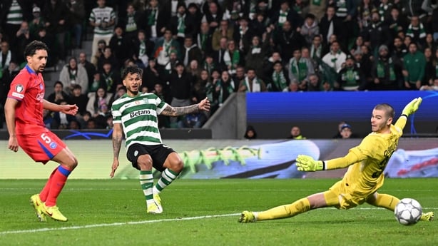 Luis Suárez of Sporting Clube de Portugal shoots to score a goal during the UEFA Champions League 2025/26 League Phase MD7 match between Sporting Clube de Portugal and Paris Saint-Germain at Estadio Jose Alvalade on January 20, 2026 in Lisbon, Portugal.
