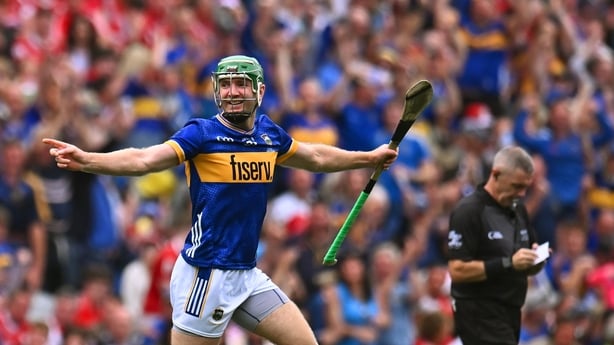 20 July 2025; Noel McGrath of Tipperary celebrates after scoring a point during the GAA Hurling All-Ireland Senior Championship final match between Cork and Tipperary at Croke Park in Dublin. Photo by Piaras Ó Mídheach/Sportsfile