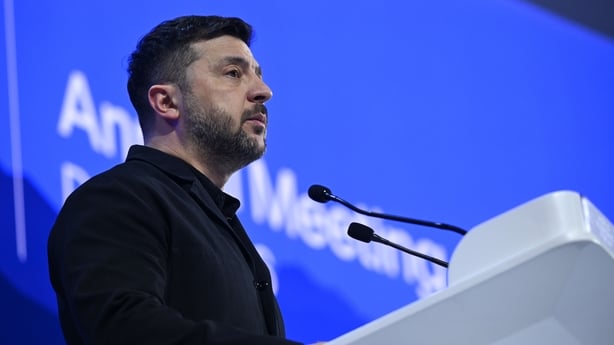 Volodymyr Zelensky delivers a speech during the World Economic Forum in Davos, Switzerland