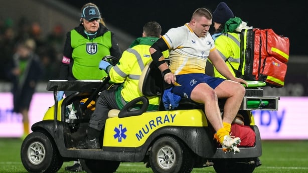24 January 2026; Jack Boyle of Leinster leaves the pitch with an injury during the United Rugby Championship match between Connacht and Leinster at Dexcom Stadium in Galway. Photo by Brendan Moran/Sportsfile