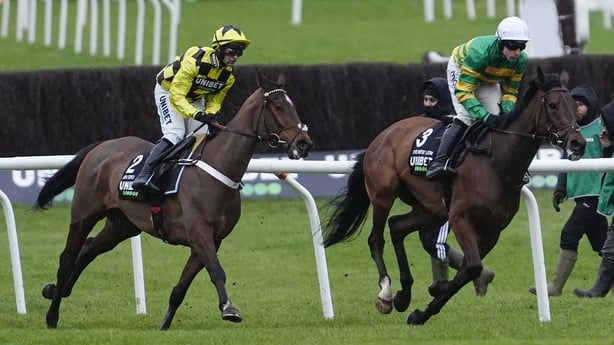 CHELTENHAM, ENGLAND - JANUARY 24: Nico de Boinville riding Sir Gino (yellow) before pulling up in The Unibet Hurdle at Cheltenham Racecourse on January 24, 2026 in Cheltenham, England. (Photo by Alan Crowhurst/Getty Images)