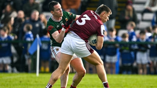 Seán Fitzgerald of Galway in action against Stephen Coen of Mayo - 2026 Allianz League