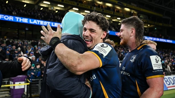 Joshua Kenny and Brian Deeney of Leinster celebrate after the Investec Champions Cup match between Leinster and La Rochelle at the Aviva Stadium in Dublin.