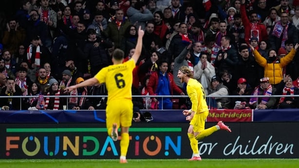 Kasper Hogh of FK Bodo/Glimt celebrates a goal during the UEFA Champions League 2025/26 League Phase MD8 match between Atletico de Madrid and FK Bodo/Glimt at Riyadh Air Metropolitano stadium on January 28, 2026 in Madrid, Spain