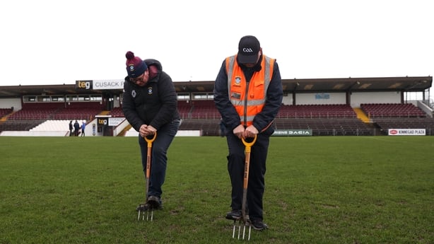 Groundsmen at work at TEG Cusack Park in Mullingar ahead of Westmeath v Cavan in 2025 Allianz Football League