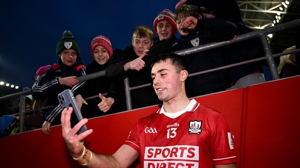 25 January 2026; William Buckley of Cork takes a selfie with supporters after the Allianz Hurling League Division 1A match between Cork and Waterford at SuperValu Páirc Uí Chaoimh in Cork. Photo by Ben McShane/Sportsfile