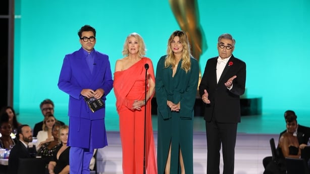 LOS ANGELES - SEPTEMBER 19: Dan Levy, Catherine O'Hara, Annie Murphy, and Eugene Levy from "Schitt's Creek" presents appears at the 73RD EMMY AWARDS, broadcast Sunday, Sept. 19 (8:00-11:00 PM, live ET/5:00-8:00 PM, live PT) on the CBS Television Network and available to stream live and on demand on