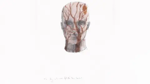 Joseph Hillier The sketch proposal for The Boy Who Never Left The Trees sculpture showing a bust with beechwoods and the moon shining through the branches. The artist has written the name of the piece under it.