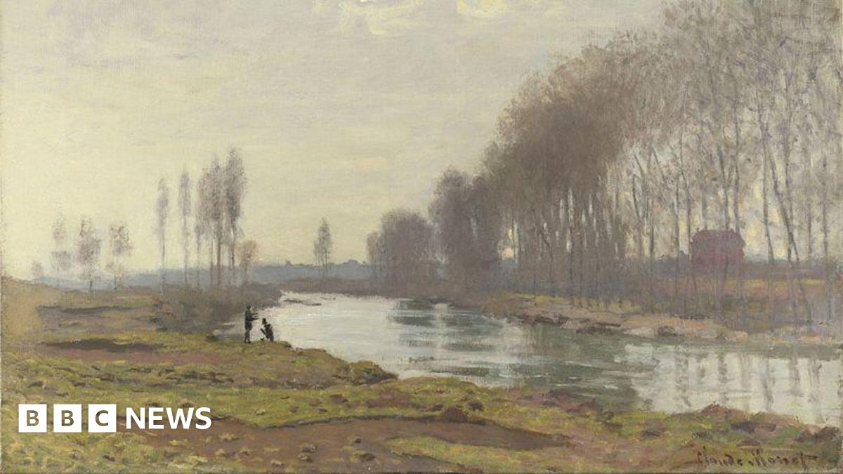 Claude Monet's painting called The Petit Bras of the Seine at Argenteuil (1872). It depicts a green river with marshland and brown bog to the left of the river. There are two black silhouettes crouched and standing by the river. The trees are bare.