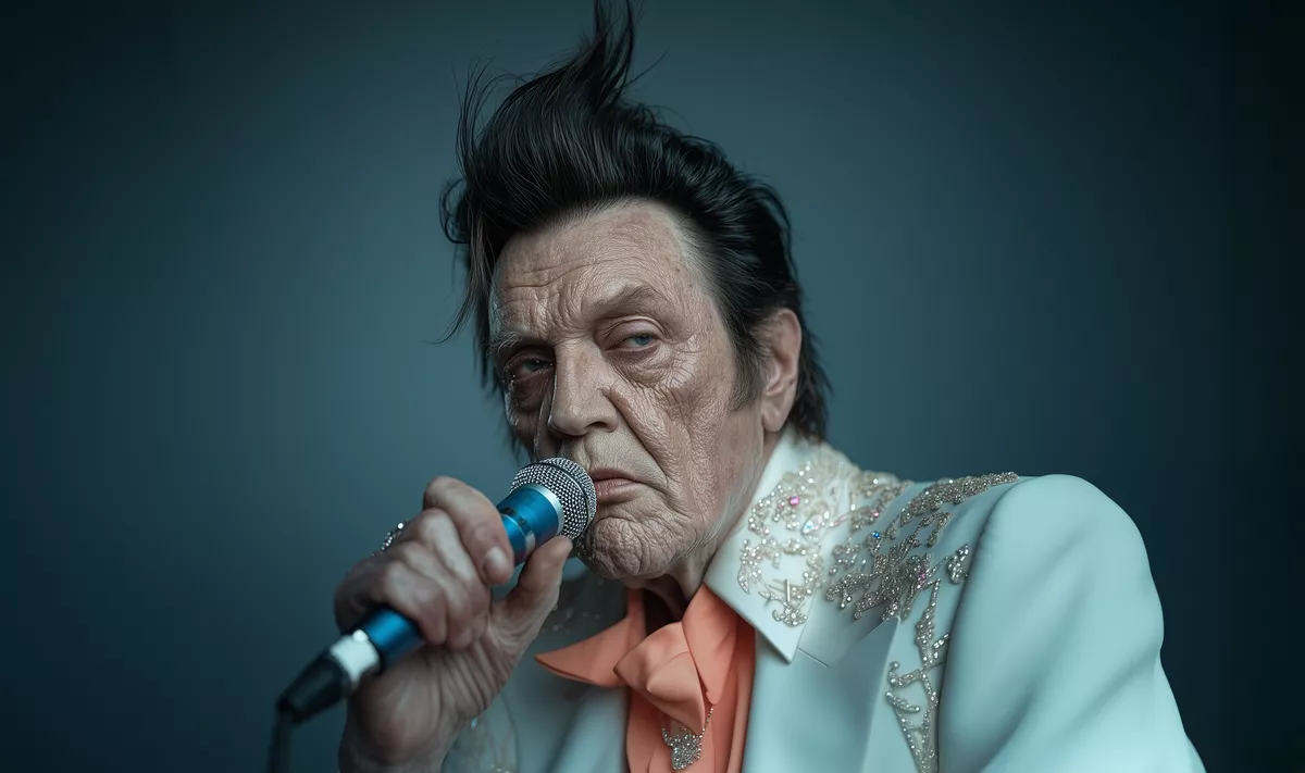 Elvis is depicted wearing a white sequined suit and a salmon-coloured shirt
