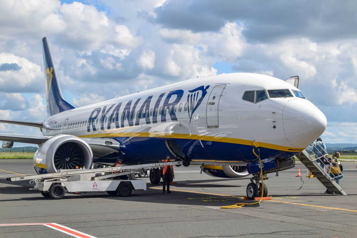 Ryanair plane waiting for passengers in a stock image