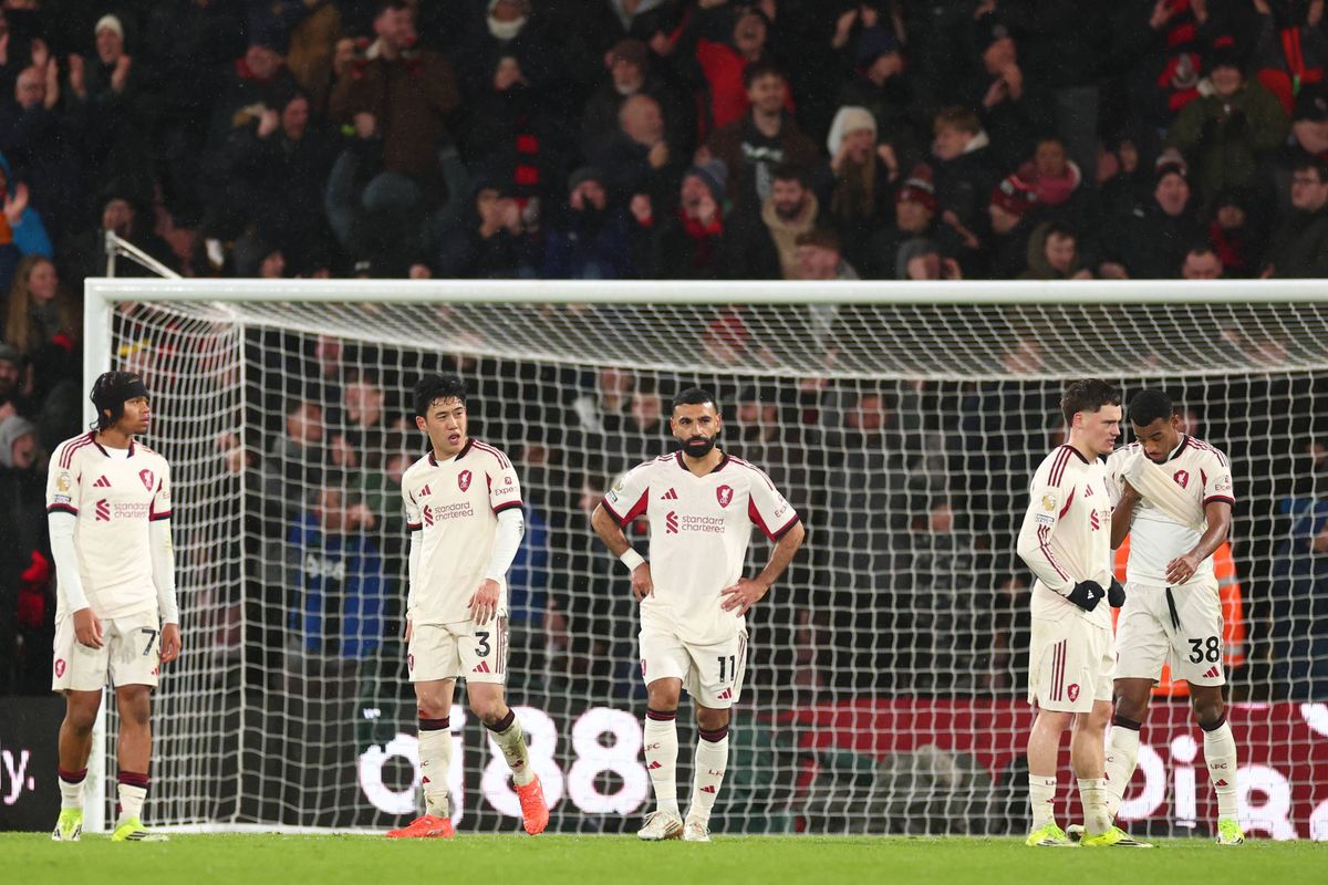 BOURNEMOUTH, ENGLAND - JANUARY 24: A dejected looking Mohamed Salah of Liverpool after Amine Adli of Bournemouth scored for 3-2 during the Premier League match between Bournemouth and Liverpool at Vitality Stadium on January 24, 2026 in Bournemouth, England. (Photo by Shaun Brooks - CameraSport via Getty Images)