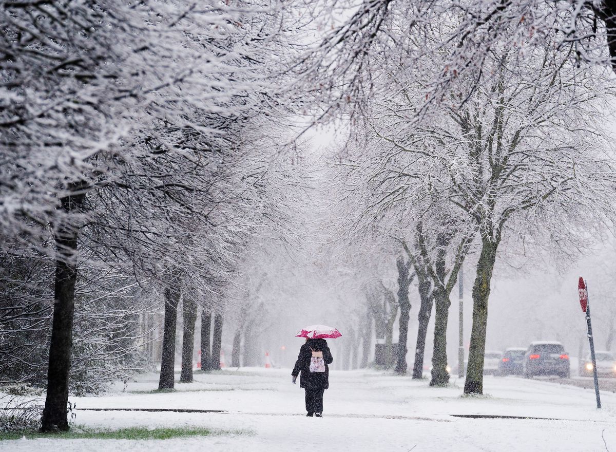 A person uses an umbrella for shelter on Griffith Avenue as snow falls on the northside of Dublin