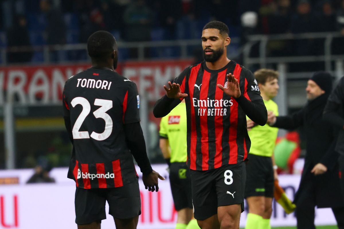 Fikayo Tomori and Ruben Loftus-Cheek celebrate the victory during the Serie A match between AC Milan and US Lecce