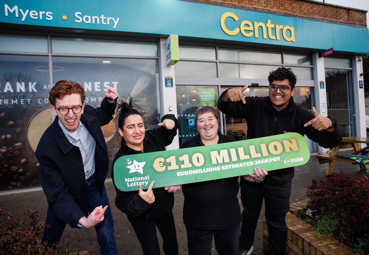 27 January 2026 - Staff at the Centra Store, Coolock Lane, Santry, Dublin 9 from left to right are Sarah Flynn, Charlotte McCullough, assistant manager and Anthony Jobin were thrilled to hear that their store sold the winning Euromillions Match 5 ticket which saw one player win €31,075 euro with National Lottery’s Darragh O’Dwyer.