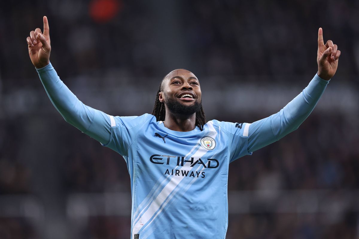 Antoine Semenyo of Manchester City celebrates during the Carabao Cup Semi Final First Leg match between Newcastle United and Manchester City