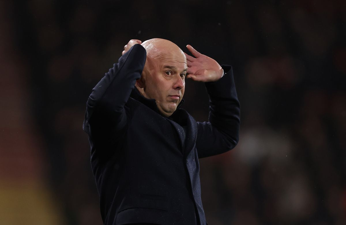 Arne Slot manager / head coach of Liverpool reacts during the Premier League match between Bournemouth and Liverpool