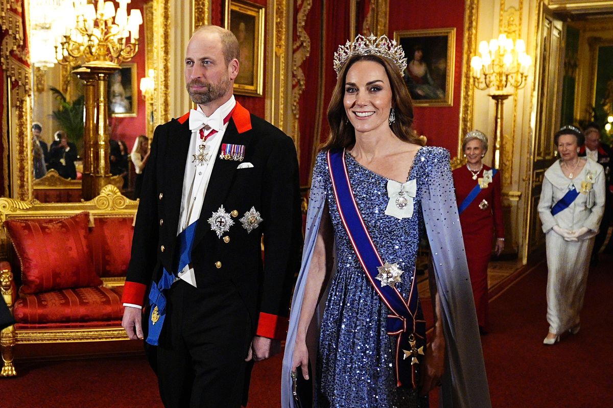 WINDSOR, ENGLAND - DECEMBER 03: William, Prince of Wales and Catherine, Princess of Wales arrive ahead the state banquet for the German President Frank-Walter Steinmeier and his wife Elke Budenbender, on day one of their state visit to the UK, at Windsor Castle on December 3, 2025 in Windsor, England. The President of the Federal Republic of Germany, accompanied by Ms. Elke Büdenbender, are paying a State Visit to the United Kingdom as the guests of Their Majesties The King and Queen. The visit is the first from Germany in 27 years and will be marked with ceremonial visits, an address to the UK parliament and a banquet. (Photo by Aaron Chown - Pool/Getty Images)
