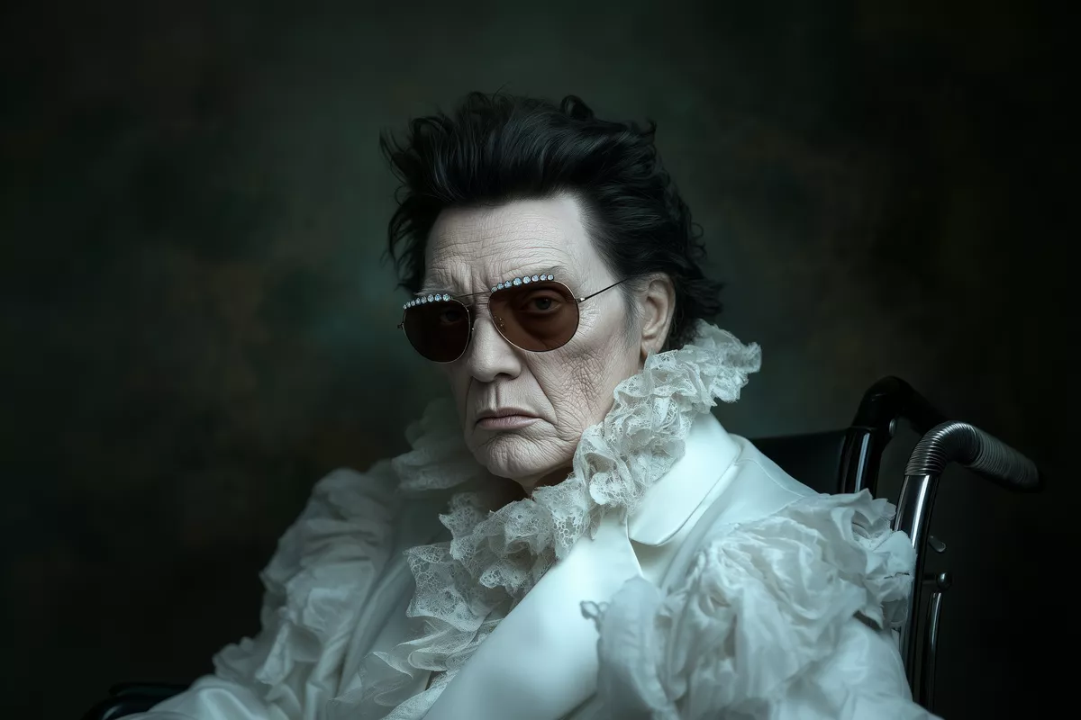 A notably paler Elvis sits in a wheelchair and wears a frilly white outfit

