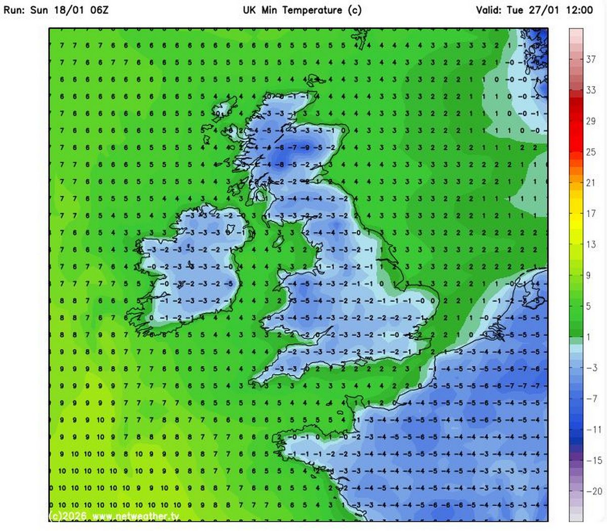 Weather models indicate temperatures could plummet as low as -5C on Tuesday, January 27