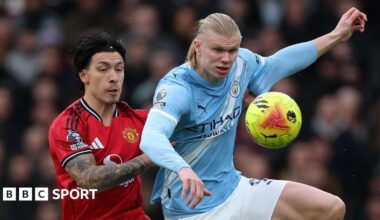 Lisandro Martinez and Erling Haaland fight for possession in the Manchester derby