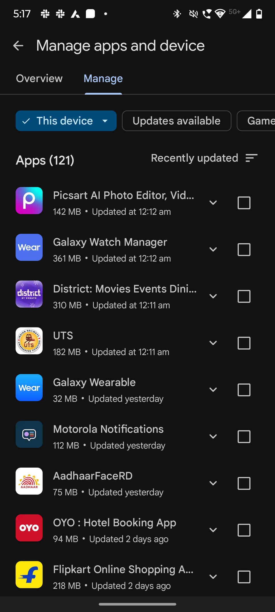 Screenshot showing the manage tab on Google Play Store