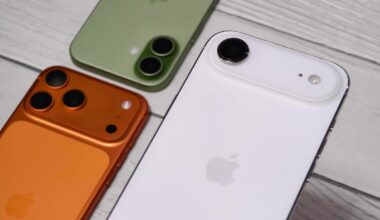 Apple iPhone Air with the iPhone 17 Pro Max and iPhone 17 in the background.