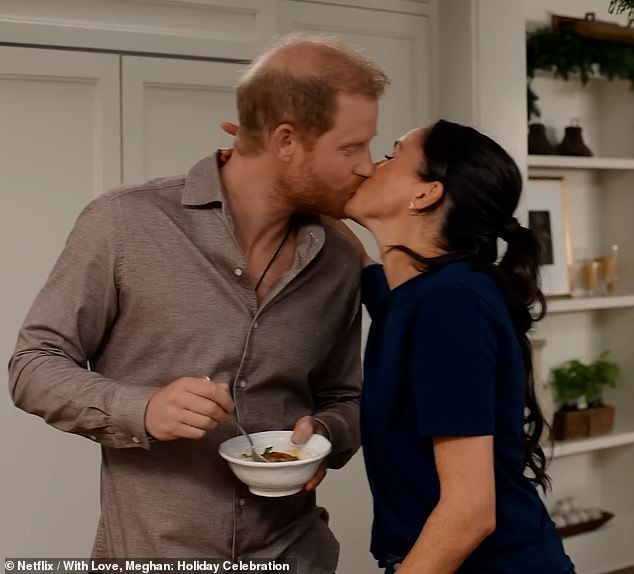 The Duchess of Sussex with husband Prince Harry in the Christmas episode of With Love, Meghan, where Harry joked that her mother Doria's cooking was better