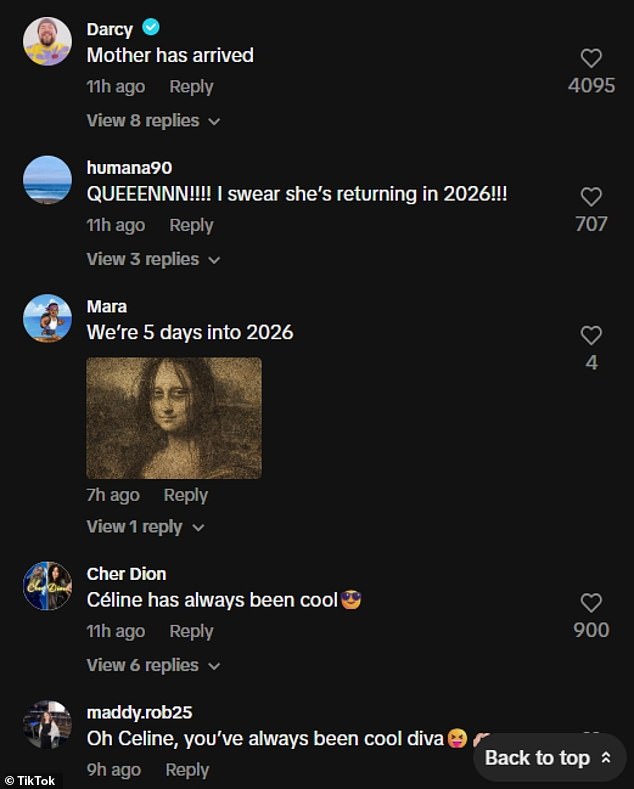 Delighted followers wrote: 'Mother has arrived... QUEEENNN!!!! I swear she¿s returning in 2026!!!... Céline has always been cool'