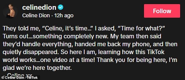 She added a caption reading: 'They told me, ¿Celine, it¿s time¿¿ I asked, ¿Time for what?¿ Turns out¿something completely new'