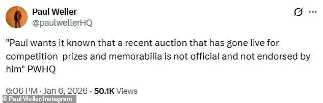 After the model, 47, told her followers a gold disc, signed posters and concert tickets were up for auction, his official X page uploaded a post to say they aren't endorsed by him