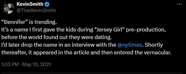 The stars had take on roles in the 2004 movie Jersey Girl - and their director Kevin Smith reportedly had been the one to come up with the moniker
