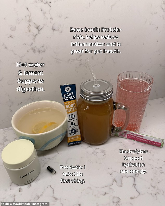 Millie revealed she starts her day with 'bone broth' before protein filled meals while she approaches with an 80/20 mindset