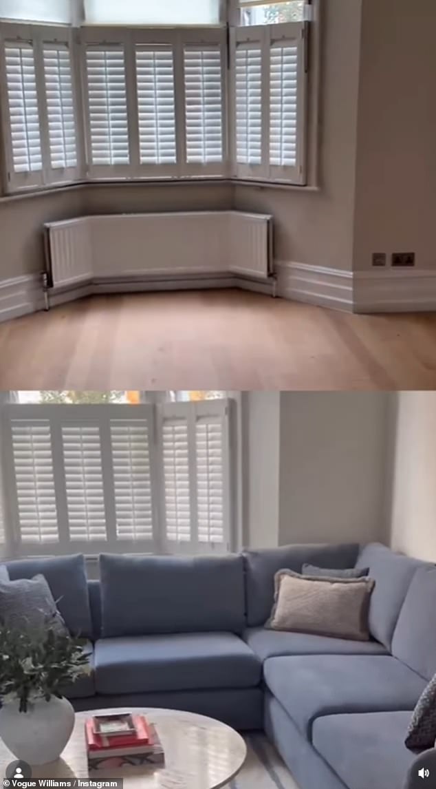 In a before clip, the TV personality shared a video of her empty lounge which boasted a large bay window and a fire place before showing off the transformation with a large blue sofa